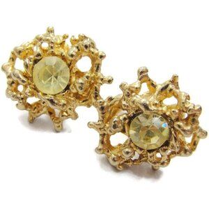 Open Nugget Cufflinks Round Green Rhinestone Setting Gold Tone Shirt Wedding Vtg